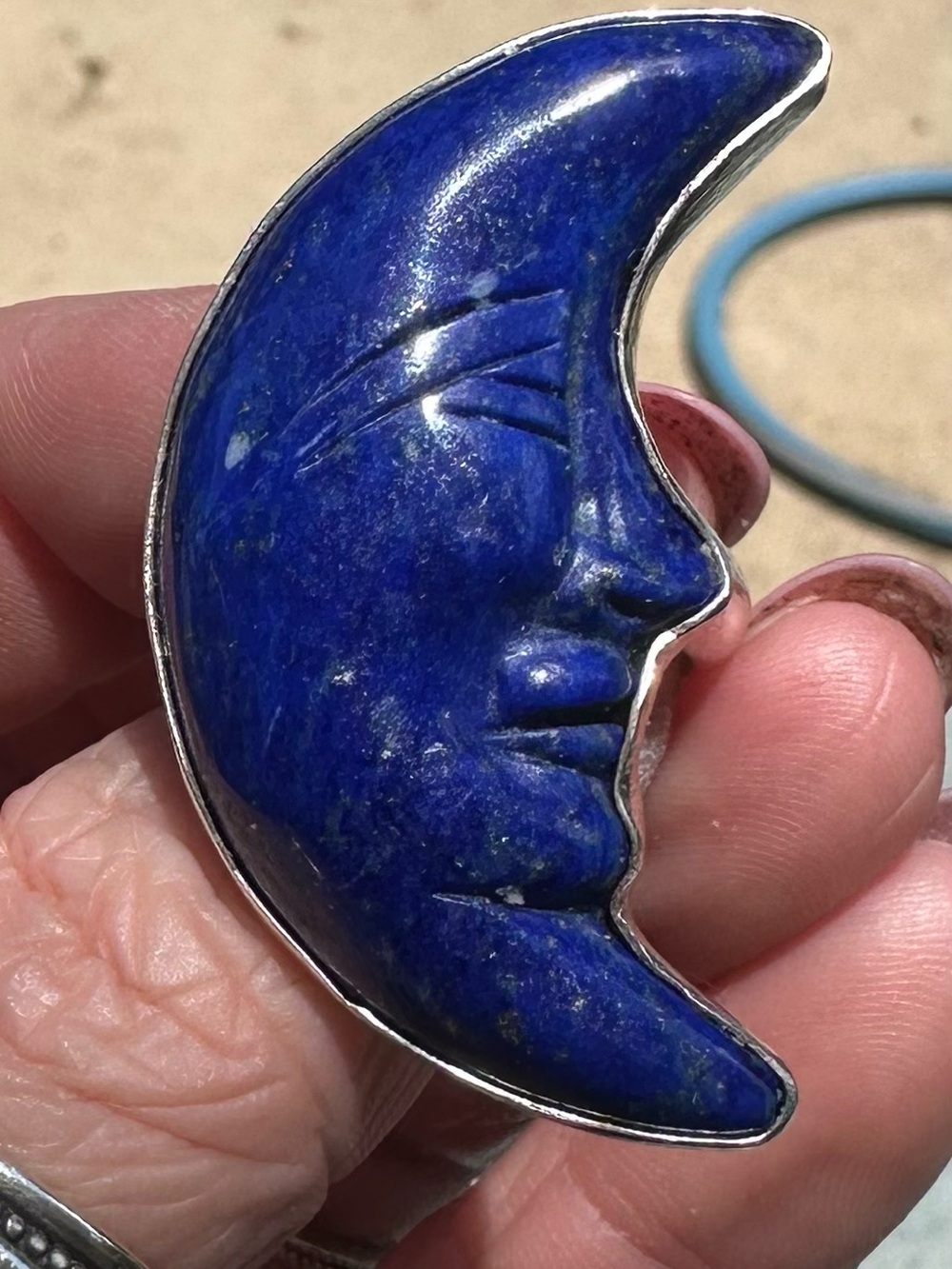 Charles Albert Sterling Silver Carved Lapis Crescent Moon Face Adjustable Ring